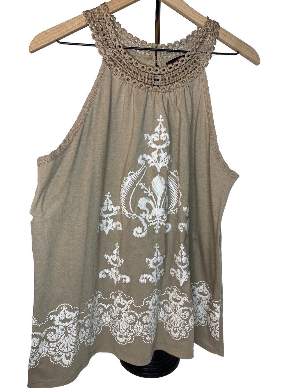 Almost Famous Boho Halter Top Embroidered Crochet Lace Tank Blouse Taupe L